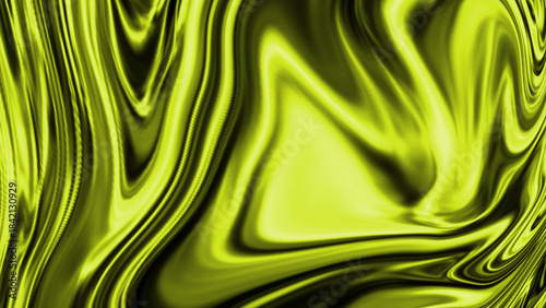 Vibrant abstract liquid yellow green waves with smooth flowing metallic texture background