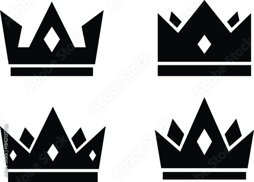 Four black crown silhouettes on white background crowns royalty