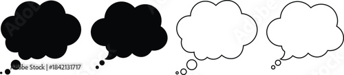 Four black and white thought bubbles with smaller bubbles speech bubbles comic book style