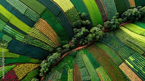 Aerial view of vibrant agricultural fields and trees