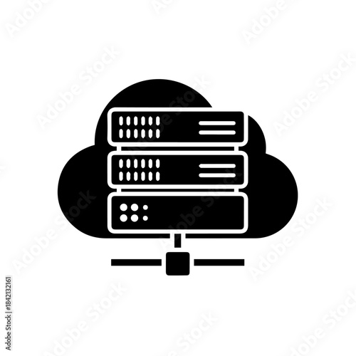Cloud Data Center: A striking silhouette of a cloud symbolizing data storage, with a server tower at its heart, represents a modern digital infrastructure.