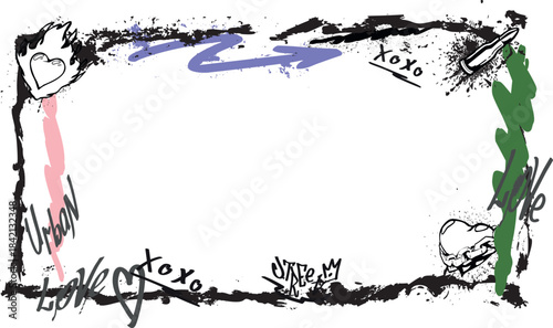 Spray painted vector border, graffiti chained heart, bullet and arrows with aerosol paint texture, Love, Xoxo Urban text