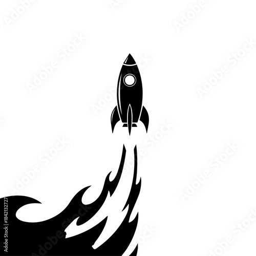 Cartoon vector illustration of a rocket ship icon in space with fire and wing design