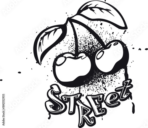 Street graffiti, double cherry with leaves, lettering, "street," drops, splashes.