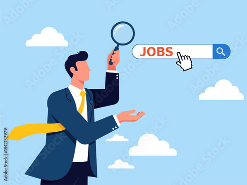 A businessman in a blue suit holds a magnifying glass toward a floating search bar, symbolizing the focused pursuit of career opportunities in the digital cloud