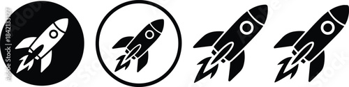 Rocket Icon Set – Minimalist Space Shuttle Silhouette, Space Exploration Vector Illustration