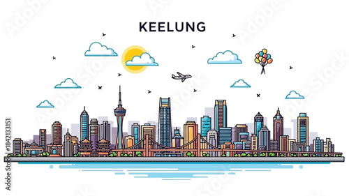 Contemporary vector outline of a bustling city panorama, showcasing various towering buildings, urban infrastructure, and a bright sky, ideal for global travel and design projects
