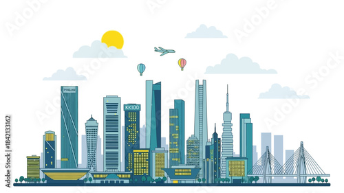 Modern City Skyline Illustration with Diverse Architecture and Sunny Day