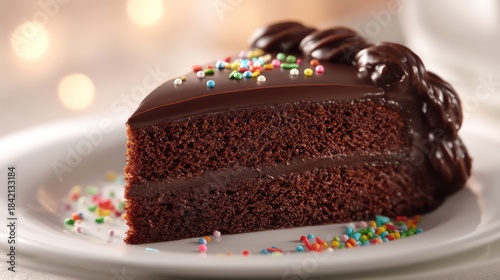 Chocolate cake slice positioned slightly off-center covered with smooth ganache. A few colorful sugar sprinkles scatter gently across
