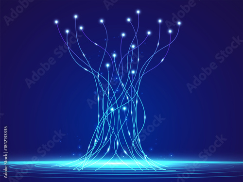 Digital Tree Network Concept Futuristic Global Data Connection and High Speed Fiber Optic Transfer. Big Data, and Artificial Intelligence (AI) Infrastructure Visualization vector design concepts.