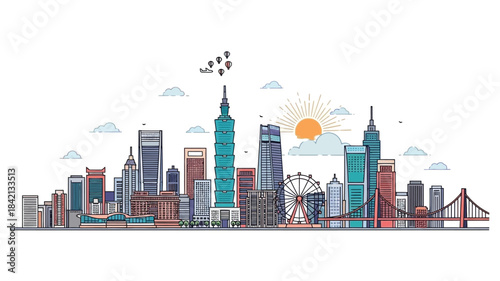 Diverse Cityscape Silhouette Featuring Iconic Buildings and Hot Air Balloons Against a Sunny Sky