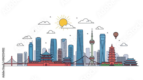 Modern and traditional Chinese city skyline with iconic skyscrapers and historic pagodas