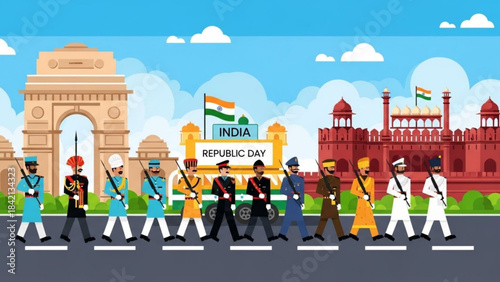 Indian soldiers in uniform crossing a street with India Gate and Red Fort landmarks celebrating Republic Day with national flags and a parade concept