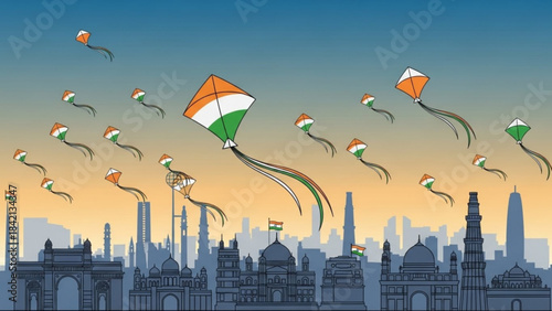 Collection of Indian flag kites flying over a cityscape skyline representing freedom and celebration perfect for national holidays and cultural events