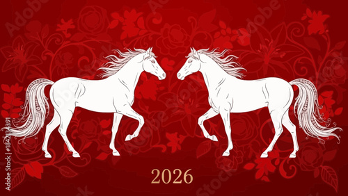 Two white horses facing each other on a red floral background with the year 2026