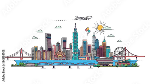 Vibrant line art illustration depicting a modern cityscape with iconic skyscrapers, scenic bridges, and an airplane, capturing the essence of a bustling metropolis and global travel