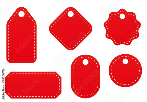 A set of red price tag vector labels and banners with a blank sticker border for sale design and web use