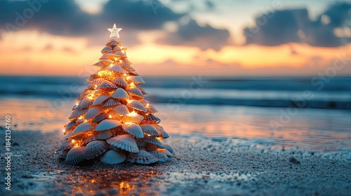 Seashell Christmas tree adorned with twinkling lights on a sandy beach at sunrise, evoking a serene, coastal holiday atmosphere.