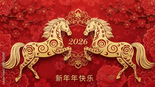 Golden horses with swirling patterns on red background with chinese new year 2026 greeting and asian inspired design elements
