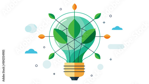 Green Eco Light Bulb with Plant – Sustainable Energy Innovation Polygon Line Art Vector Illustration