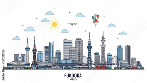 Fukuoka Japan city skyline with modern architecture, famous landmarks, and vibrant urban landscape, minimalist outline illustration vector