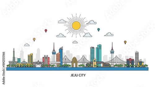 Jeju City Skyline Vector Illustration with Famous Landmarks Under a Sunny Sky