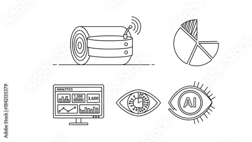 Collection of black line icons representing data storage analytics artificial intelligence and digital reporting concepts