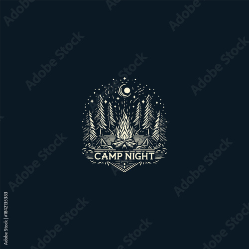 Camp night logo template featuring a peaceful nighttime camping scene with tents, pine trees, and a glowing moon or stars. Designed with clean vector lines and a minimal outdoor aesthetic. Represents 