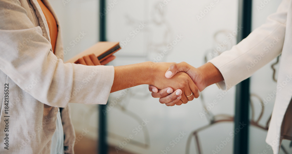 Obraz premium Business people, team and handshake in office for welcome, greeting and introduction for partnership. Employees, collaboration and shaking hands with woman for hello in company, agreement or b2b deal