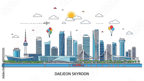 Vibrant City Skyline with Contemporary Buildings, Sun, and Balloons, Detailed Vector Illustration of an Urban Metropolis Landscape for Travel and Business Concepts