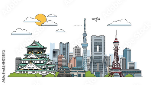 Outline vector illustration of a renowned Japanese city skyline showcasing historical castles, towering modern architecture, and scenic elements for travel and cultural themes