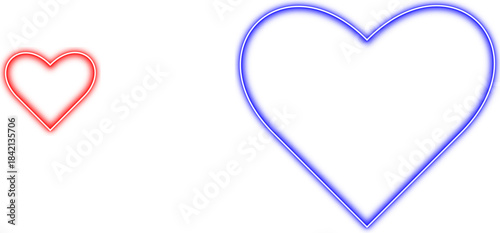 Neon heart suit icon. Glowing neon hearts sign, outline card suit symbol and silhouette