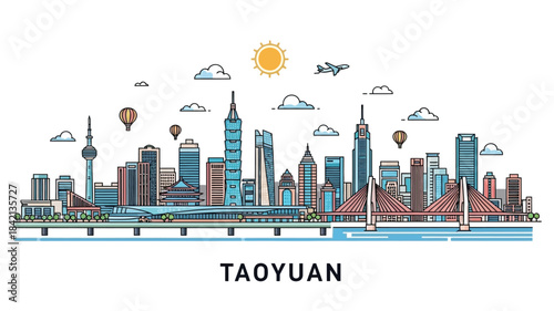 Stylized outline illustration of the Taoyuan city skyline with modern buildings, bridges, a river, and an airplane in the sky, representing a travel destination.
