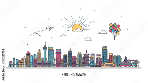 Vibrant Keelung, Taiwan city skyline line art illustration showcasing diverse architecture, an airplane, and colorful balloons, capturing the essence of urban travel and tourism