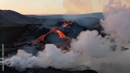 Volcano eruption: Flowing lava landscape with steam, mountains, and a colorful sky.
