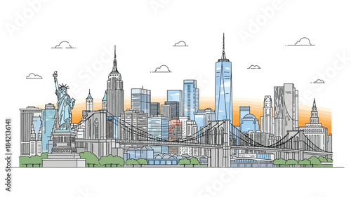 Iconic NYC Skyline Illustration Featuring Statue of Liberty and Urban Landscape at Sunrise