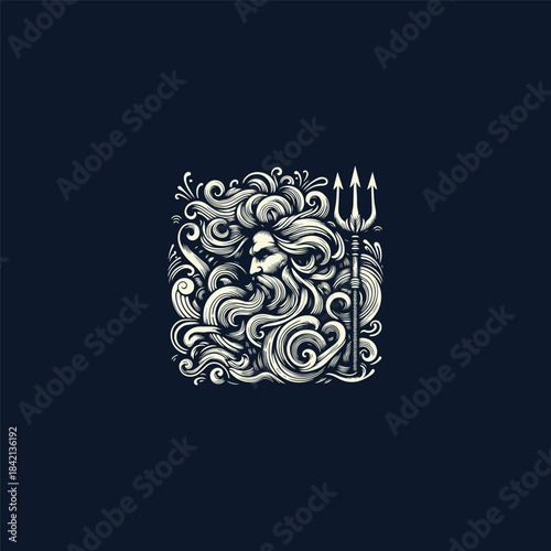 Poseidon logo template featuring a powerful sea god silhouette with a trident, strong vector lines, and a bold mythological style. Represents strength, authority, ocean power, and ancient mythology. S