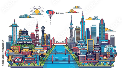 Cityscape Illustration Featuring Iconic Landmarks and Hot Air Balloons in a Vibrant Urban Environment