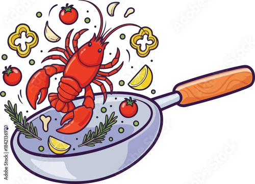 Colorful Lobster Cooking Illustration in Frying Pan with Vegetables and Herbs