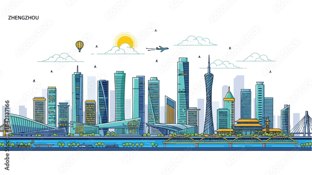 Obraz premium Vector illustration of the Zhengzhou skyline featuring modern skyscrapers and iconic landmarks under a bright sun with clouds and airplanes