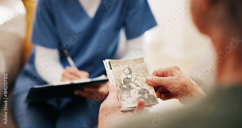 Bilde på lerret House, memory and old woman in lounge, picture and nostalgia with love, wonder and thinking