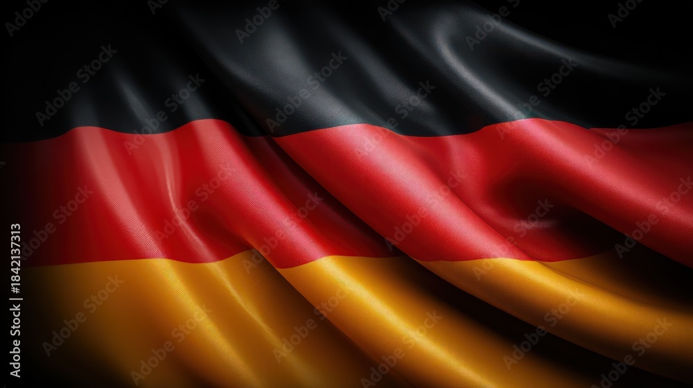 Naklejka premium Germany flag painted across smooth ceramic tile, glossy reflections captured sharply, spotlight adding dimensional depth, shadows forming naturally,