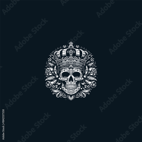 Skull crown logo template featuring a royal skull with a bold crown, clean vector lines, and a strong, powerful aesthetic. Represents authority, mystery, strength, and dominance. Ideal for gaming team