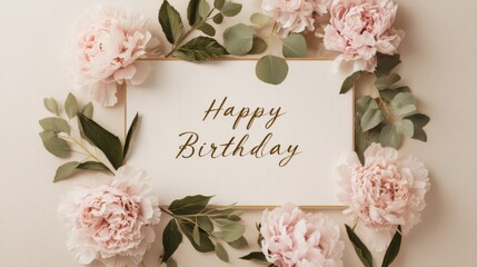 Minimalist birthday composition showcasing a rectangular floral border of pink peonies eucalyptus leaves and delicate vines framing golden
