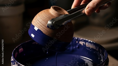 Glazing handcrafted clay pottery with vibrant blue enamel at workshop