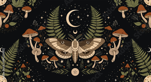 Mystical forest illustration with a detailed moth, mushrooms, and ferns under a crescent moon and starry night sky, embodying a nature-inspired magic.