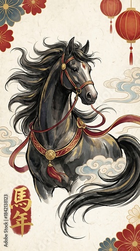 Celebrating the year of the horse with vertical oriental art in a festive chinese new year environment