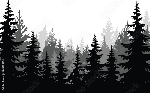 forest dense conifer tree line depth perspective black gray layers