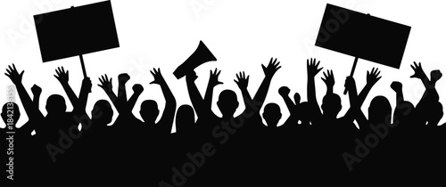 protest crowd silhouette with raised hands and megaphone