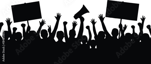 protest rally scene people holding signs and banners